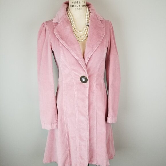 Vintage 1990's Bisou Bisou Pink Velvet Fitted Collared Puff Sleeve Long Coat * M - Picture 7 of 13